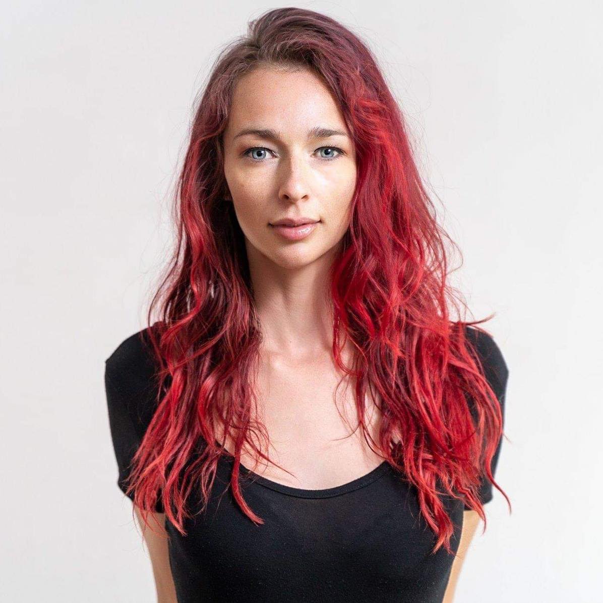 woman with red hair and blue eyes